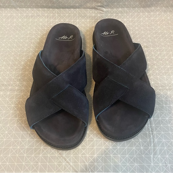 Mr. P Tom Padded Suede Cross Strap Sandals Dark Blue 7.5 - Picture 2 of 6